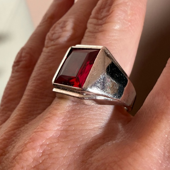 Antique Jewelry - Vargas Art deco 1940’s antique Sterling silver emerald cut red ruby Signet Ring